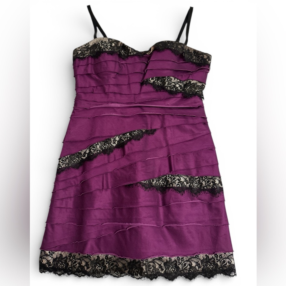 bebe Y2K Purple Satin Tiered Ruffle Mini Bodycon Dress with Black Lace Size M